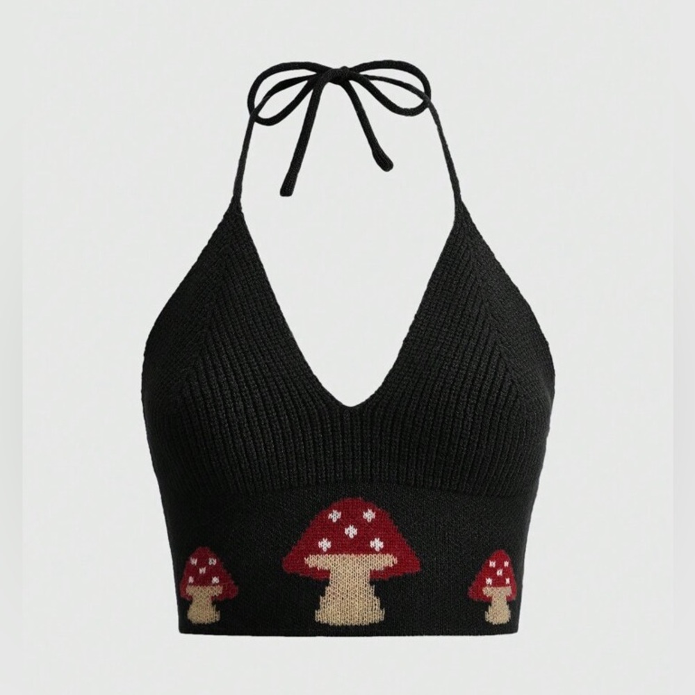 Romwe Fairycore Mushroom Pattern Halter Knit Top